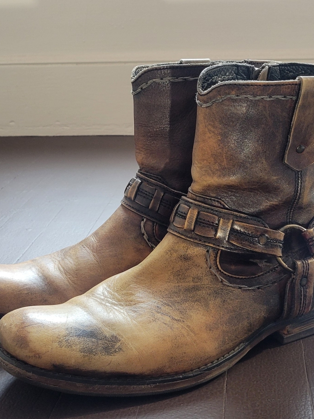 BED|STU Distressed Tan & Brown Leather Harness Boots